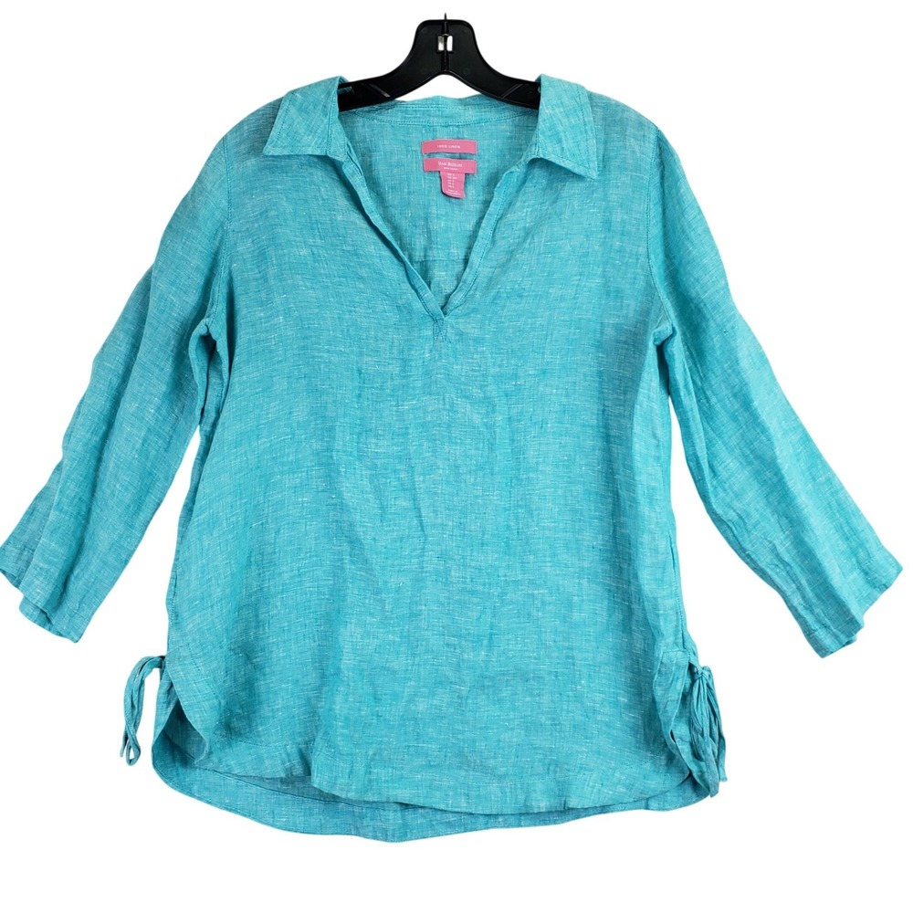 Isaac Mizrahi Linen Tunic Top Women S Blue Coastal Relaxed Side Tie 3/4 Sleeve